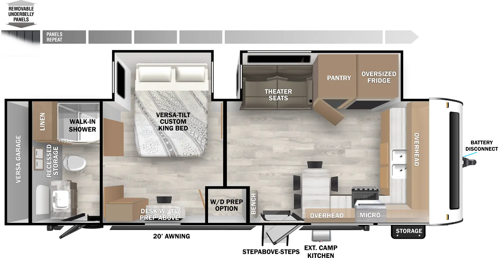 The Wildwood 28FKG floorplan has two entries and two slide outs. Exterior features include: fiberglass exterior, 20' awning and outside kitchen. Interiors features include: front kitchen and rear bathroom.